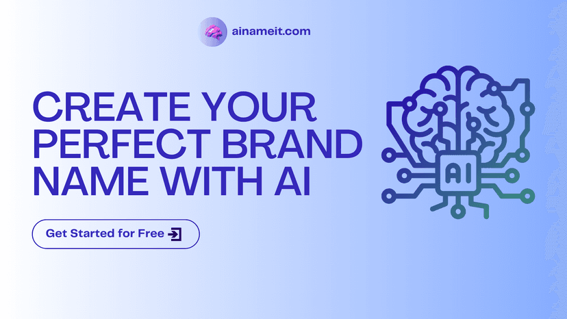 Graphic with a gradient blue background featuring the text 'Create Your Perfect Brand Name with AI' in bold purple letters. On the left, a call-to-action button says 'Try Now' with an arrow icon. On the right, an illustration of a brain with circuit lines labeled 'AI' symbolizes artificial intelligence. The top displays the website name 'ainameit.com' with a pink brain logo.